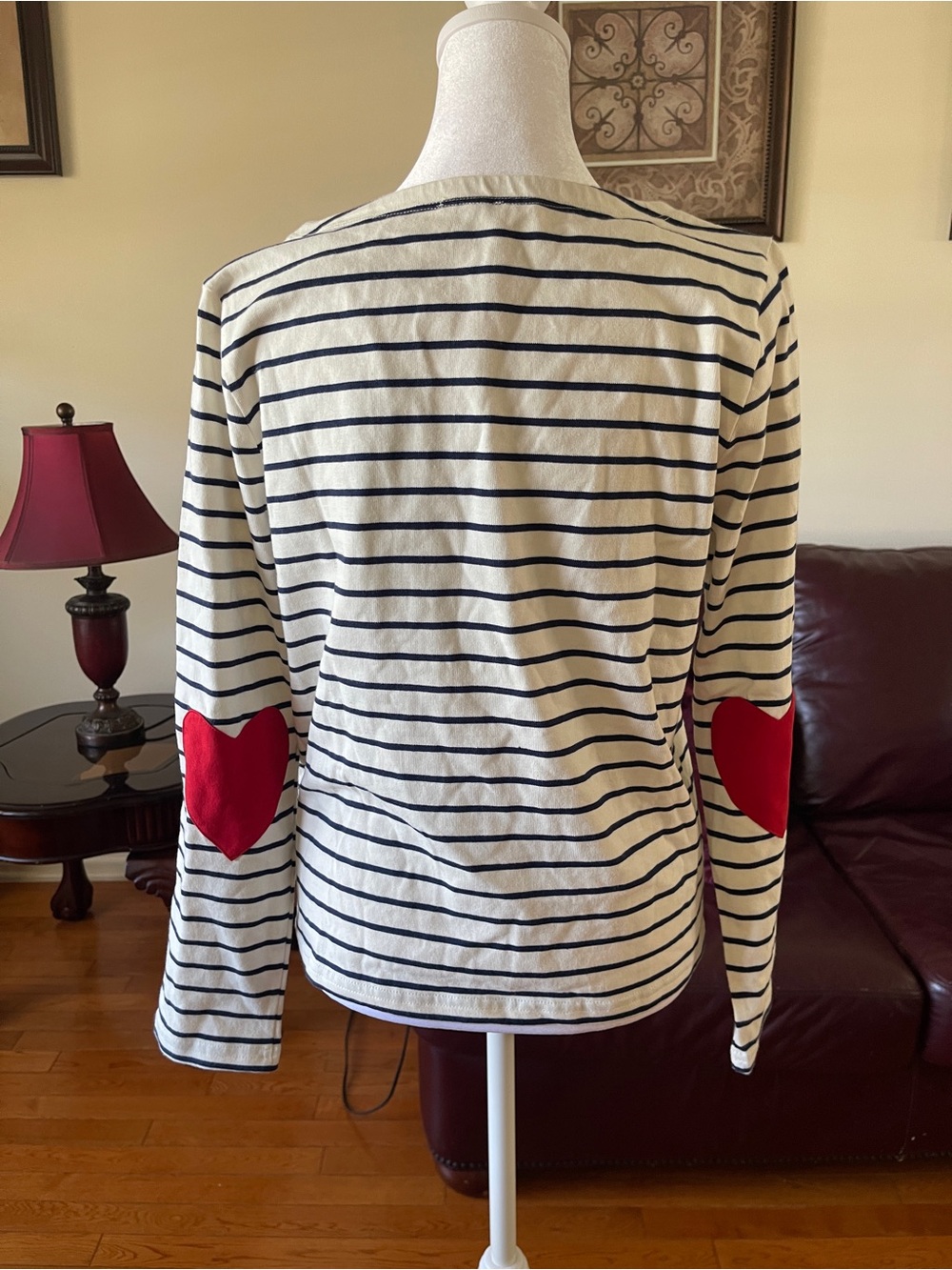 J.Crew Striped Boat Neck Long Sleeve Tee with Red Heart Elbow Patches Cream Navy